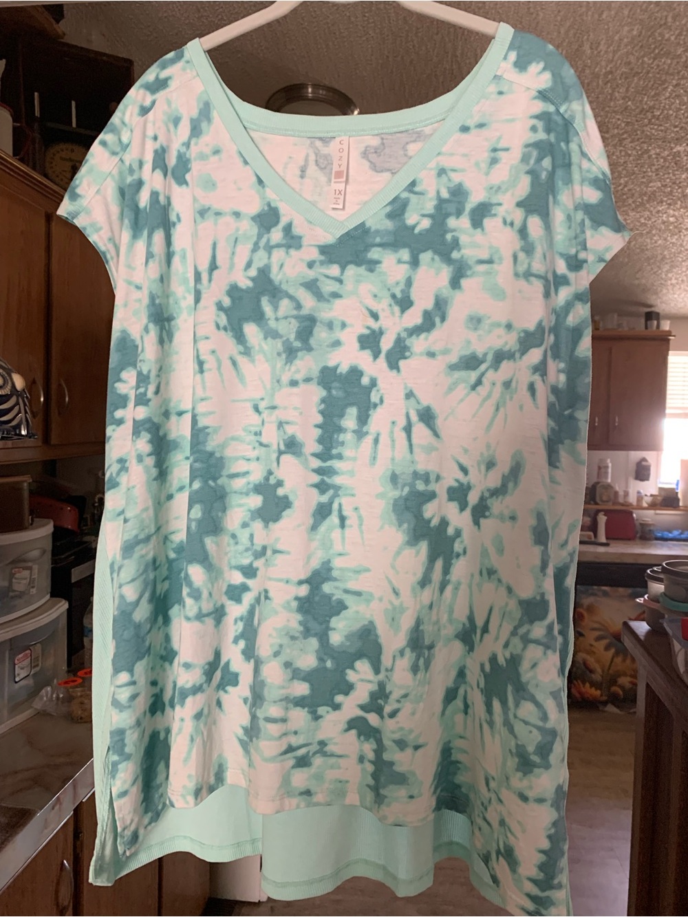 LuLaRoe Aqua and White Tie-Dye V-Neck Tunic